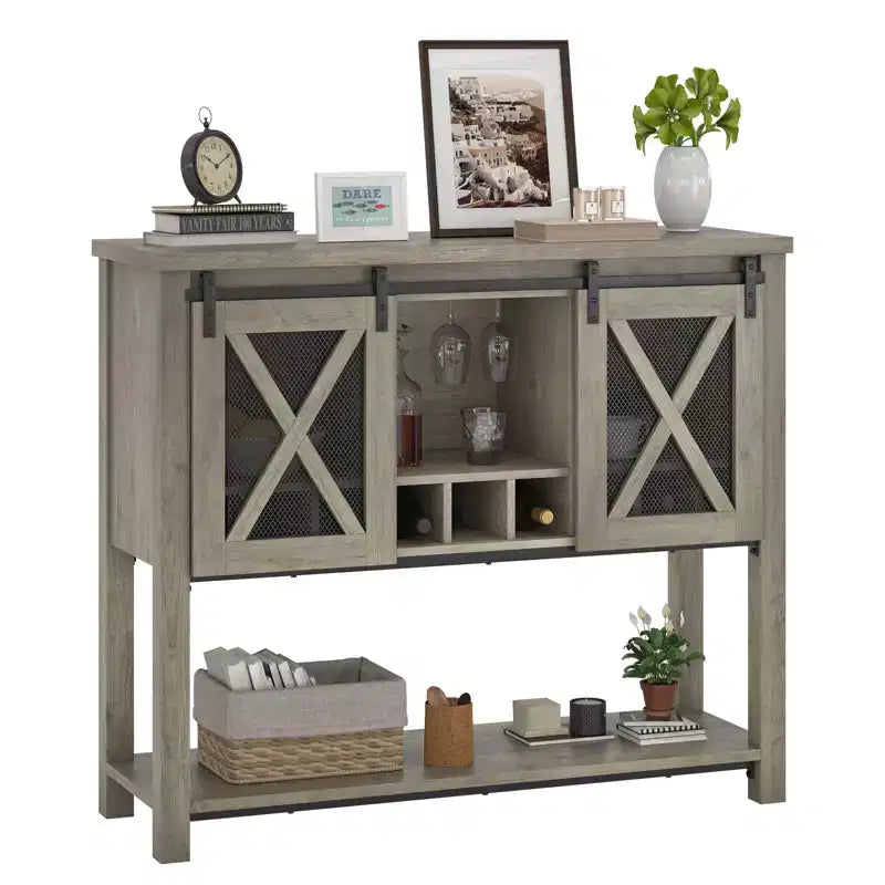 YESFASHION Buffet de ferme avec rangement, table de bar à café avec porte coulissante en maille métallique de grange, buffet de cuisine avec étagère inférieure