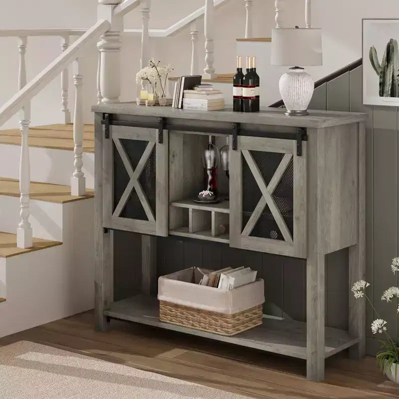 YESFASHION Buffet de ferme avec rangement, table de bar à café avec porte coulissante en maille métallique de grange, buffet de cuisine avec étagère inférieure