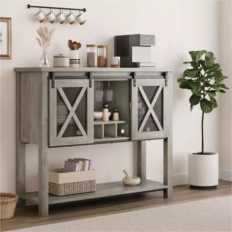 YESFASHION Buffet de ferme avec rangement, table de bar à café avec porte coulissante en maille métallique de grange, buffet de cuisine avec étagère inférieure