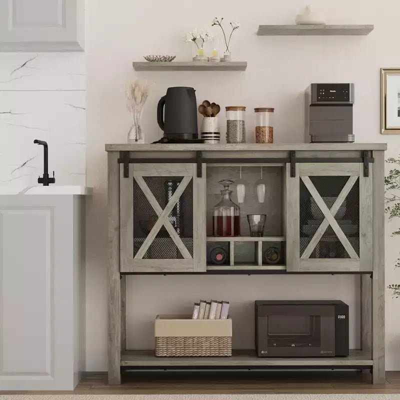 YESFASHION Buffet de ferme avec rangement, table de bar à café avec porte coulissante en maille métallique de grange, buffet de cuisine avec étagère inférieure