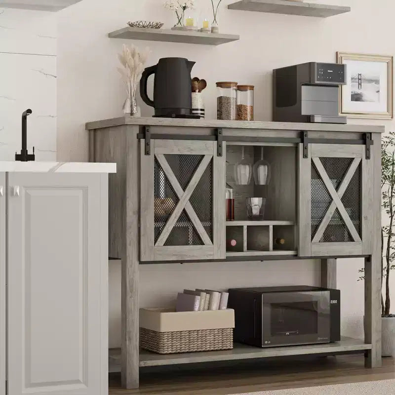 YESFASHION Buffet de ferme avec rangement, table de bar à café avec porte coulissante en maille métallique de grange, buffet de cuisine avec étagère inférieure