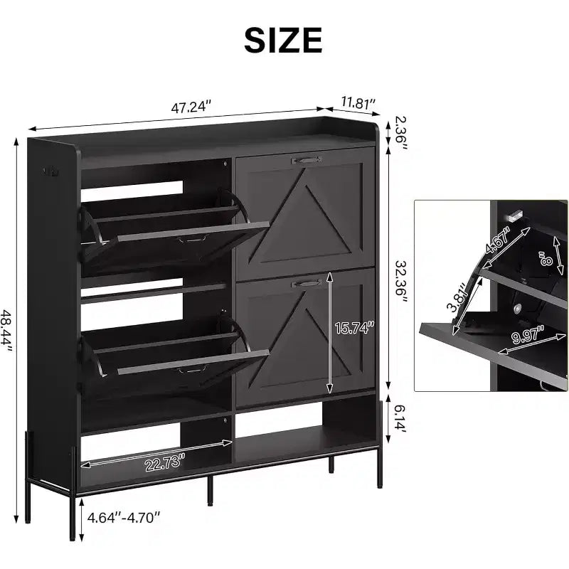 Meuble à chaussures avec 4 tiroirs basculants - Organisateur de rangement de chaussures autoportant pour l'entrée, Organisateur de chaussures avec séparation sec et humide et pieds en métal