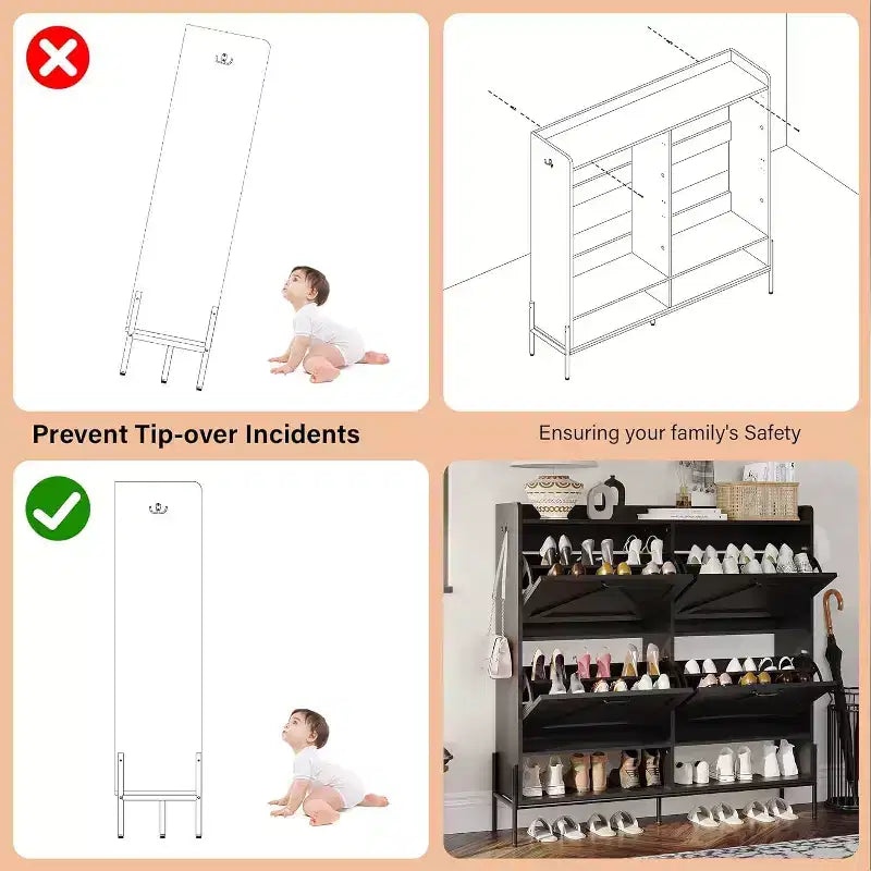Meuble à chaussures avec 4 tiroirs basculants - Organisateur de rangement de chaussures autoportant pour l'entrée, Organisateur de chaussures avec séparation sec et humide et pieds en métal