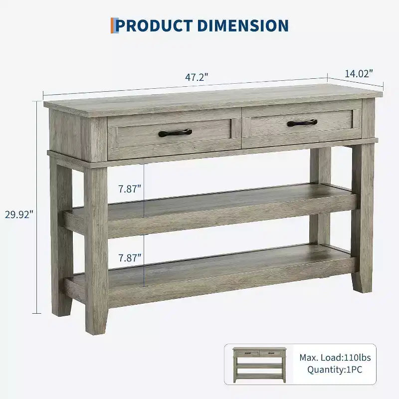 Console de table d'entrée à 2 niveaux de 47,2 po avec 2 tiroirs de rangement, table de canapé en bois de ferme à 3 niveaux, pour entrée, salon