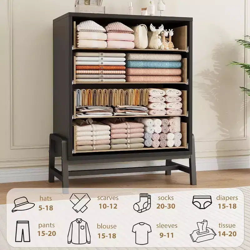 Commode haute 38,6 po, Commode 4 tiroirs pour chambre, Commode de rangement en bois, Rangement autoportant, pour salon, chambre à coucher