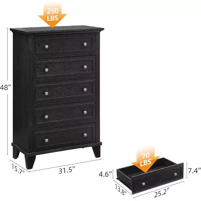 Commode Acekool 48 haute blanche, commode 5 tiroirs pour chambre à coucher, armoire de rangement vintage pour dressing, salon, couloir