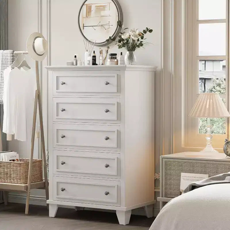 Commode Acekool 48 haute blanche, commode 5 tiroirs pour chambre à coucher, armoire de rangement vintage pour dressing, salon, couloir