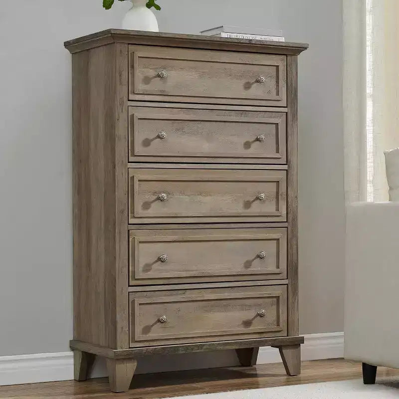 Commode Acekool 48 haute blanche, commode 5 tiroirs pour chambre à coucher, armoire de rangement vintage pour dressing, salon, couloir