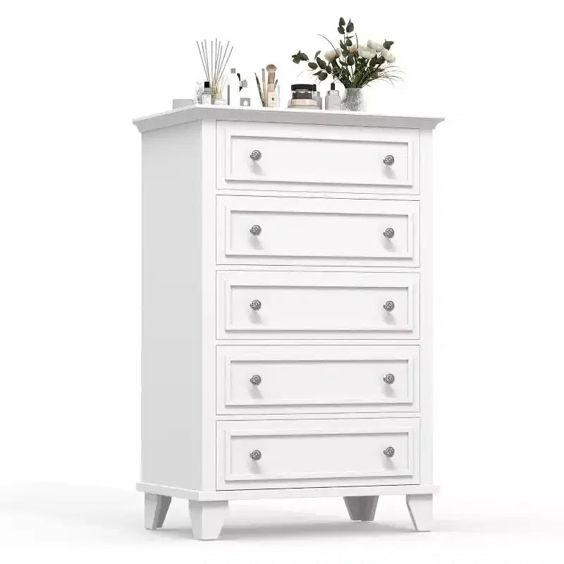Commode Acekool 48 haute blanche, commode 5 tiroirs pour chambre à coucher, armoire de rangement vintage pour dressing, salon, couloir