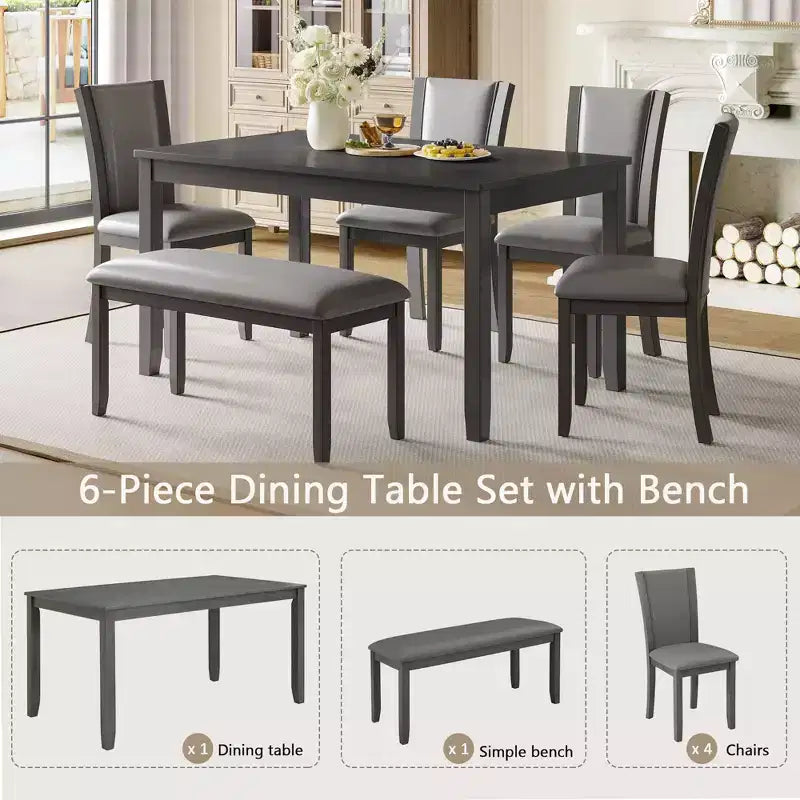 Ensemble de salle à manger 6 pièces avec banc et chaises, table à manger en bois pour 6 personnes, ensemble de salle à manger moderne 6 places pour salle à manger, cuisine