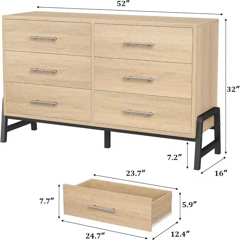 Commode à 6 tiroirs, Meuble TV, Armoire de rangement en bois à tiroirs larges sur pied pour salon, chambre, entrée