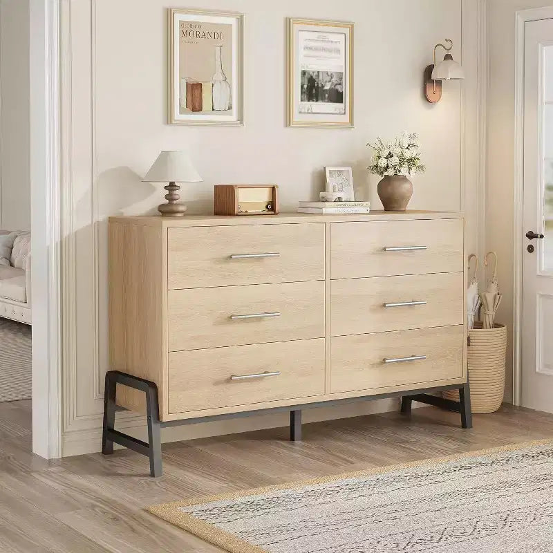 Commode à 6 tiroirs, Meuble TV, Armoire de rangement en bois à tiroirs larges sur pied pour salon, chambre, entrée