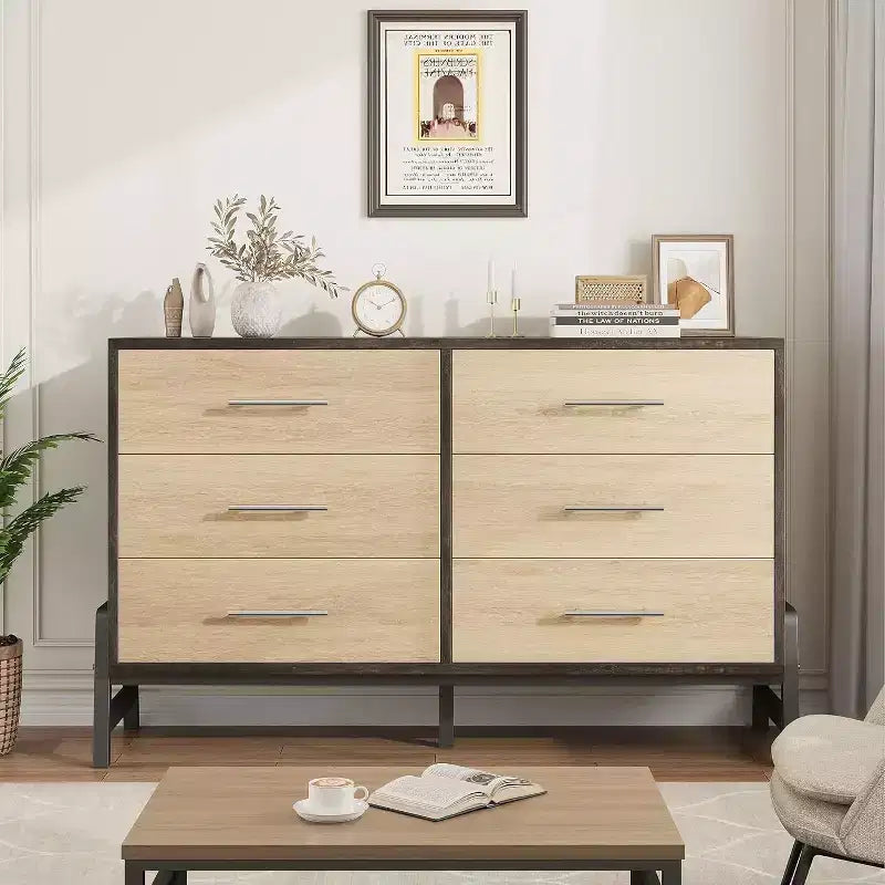 Commode à 6 tiroirs, Meuble TV, Armoire de rangement en bois à tiroirs larges sur pied pour salon, chambre, entrée