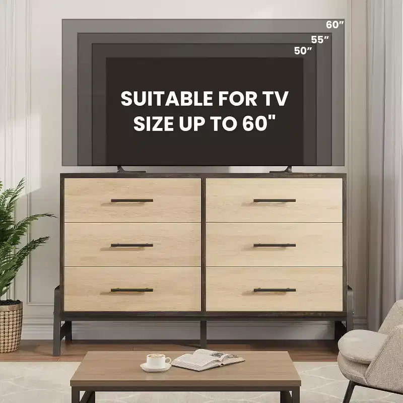 Commode à 6 tiroirs, Meuble TV, Armoire de rangement en bois à tiroirs larges sur pied pour salon, chambre, entrée
