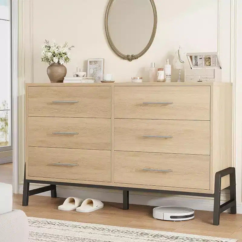 Commode à 6 tiroirs, Meuble TV, Armoire de rangement en bois à tiroirs larges sur pied pour salon, chambre, entrée