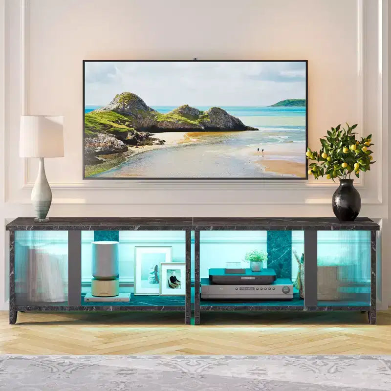 Meuble TV Pinmoco 55 pouces à LED pour téléviseurs jusqu'à 65'', meuble TV extensible côte à côte ou empilable avec rangement