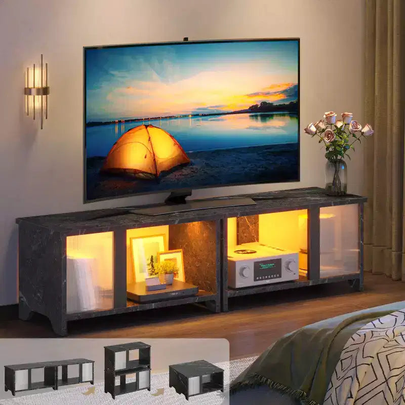 Meuble TV Pinmoco 55 pouces à LED pour téléviseurs jusqu'à 65'', meuble TV extensible côte à côte ou empilable avec rangement