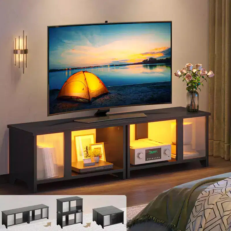 Meuble TV Pinmoco 55 pouces à LED pour téléviseurs jusqu'à 65'', meuble TV extensible côte à côte ou empilable avec rangement