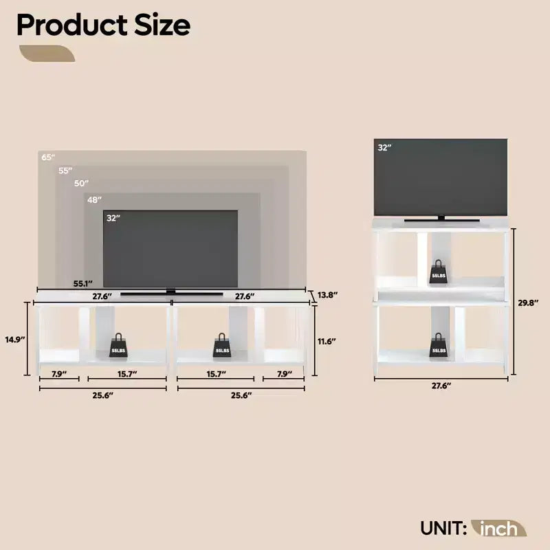 Meuble TV Pinmoco 55 pouces à LED pour téléviseurs jusqu'à 65'', meuble TV extensible côte à côte ou empilable avec rangement