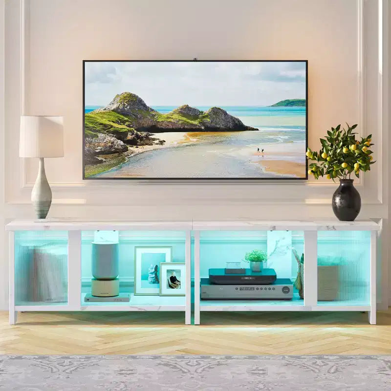 Meuble TV Pinmoco 55 pouces à LED pour téléviseurs jusqu'à 65'', meuble TV extensible côte à côte ou empilable avec rangement