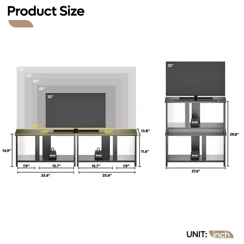 Meuble TV Pinmoco 55 pouces à LED pour téléviseurs jusqu'à 65'', meuble TV extensible côte à côte ou empilable avec rangement