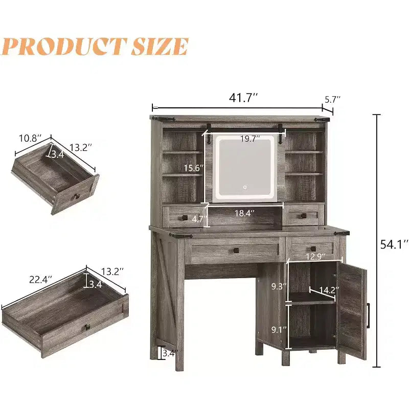 AMERLIFE Coiffeuse de ferme 107 cm avec miroir coulissant et lumières, plateau en verre, chêne rustique clair