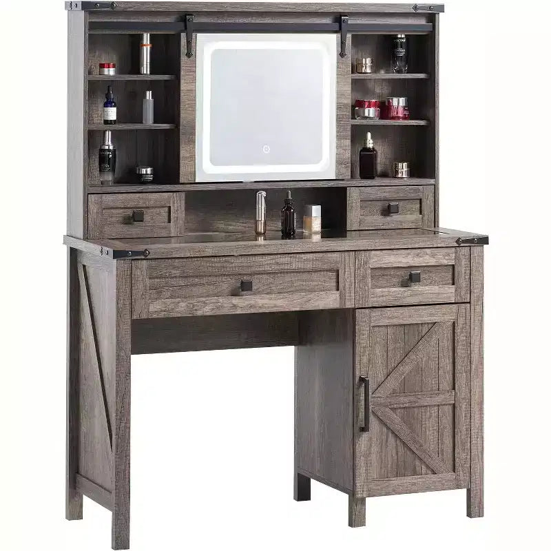 AMERLIFE Coiffeuse de ferme 107 cm avec miroir coulissant et lumières, plateau en verre, chêne rustique clair