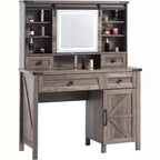 AMERLIFE Coiffeuse de ferme 107 cm avec miroir coulissant et lumières, plateau en verre, chêne rustique clair