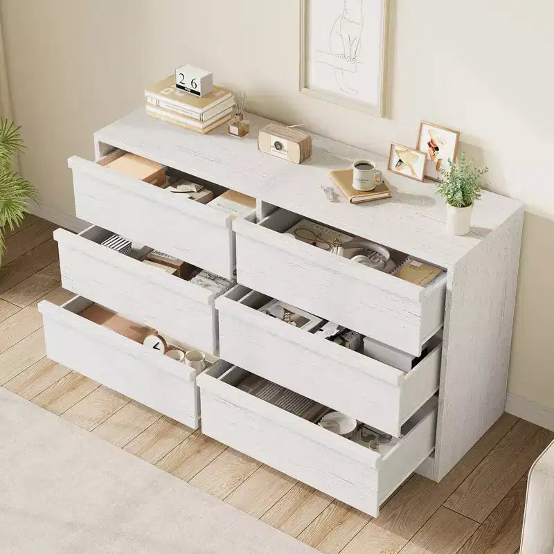 Commode Garvee à 6 tiroirs pour chambre à coucher, organisateur double commode blanc avec poignées concaves, commode moderne pour chambre à coucher, salon, chambre d'enfant