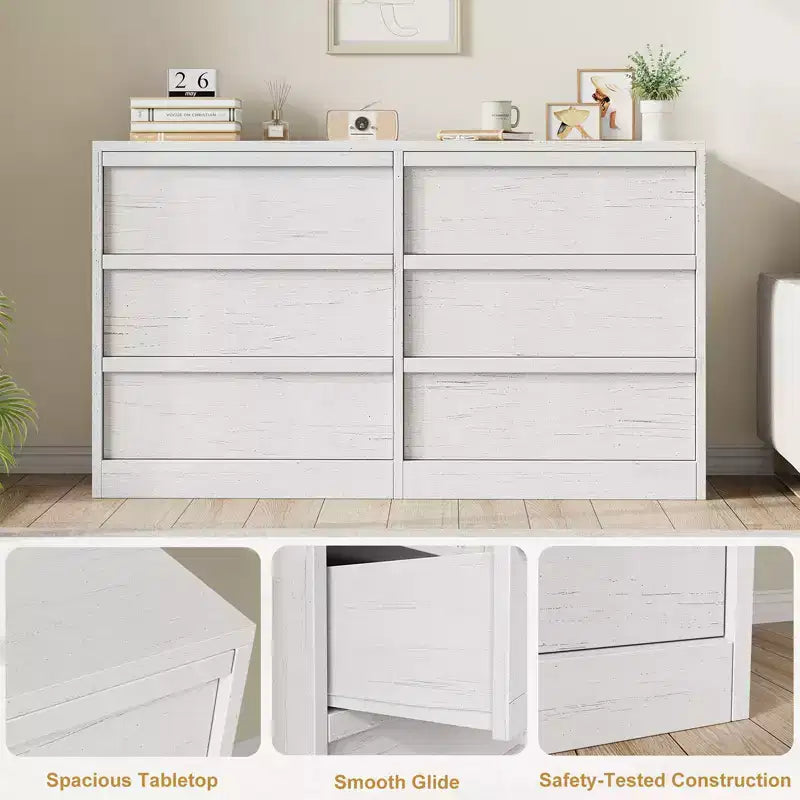Commode Garvee à 6 tiroirs pour chambre à coucher, organisateur double commode blanc avec poignées concaves, commode moderne pour chambre à coucher, salon, chambre d'enfant