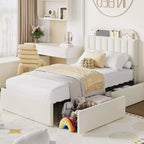 Cadre de lit double avec tête de lit de rangement, cadre de lit pour enfants avec 2 tiroirs, assemblage facile, pas besoin de sommier tapissier
