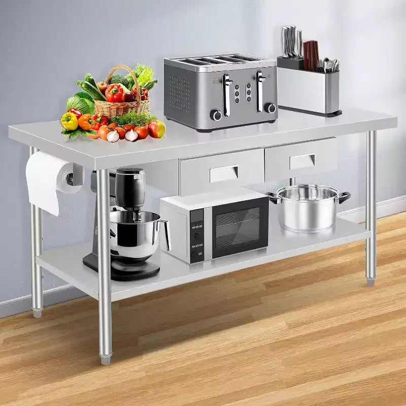 Établi en acier inoxydable 60 X 24, avec 2 tiroirs, porte-serviettes en papier, table de préparation de repas en métal, organisateur de tiroir de cuisine