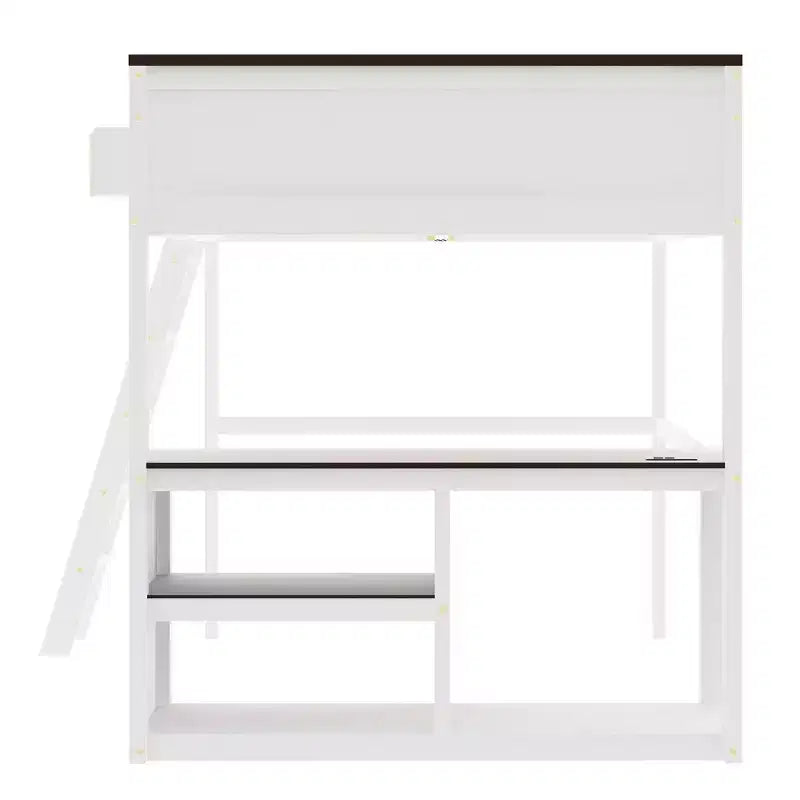 Lit mezzanine Whisen Queen Size avec bureau, étagère ouverte et boîte de rangement, station de charge USB - Blanc