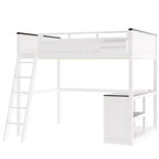Lit mezzanine Whisen Queen Size avec bureau, étagère ouverte et boîte de rangement, station de charge USB - Blanc