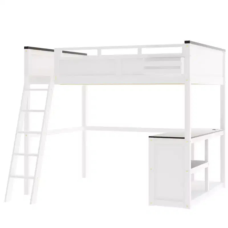 Lit mezzanine Whisen Queen Size avec bureau, étagère ouverte et boîte de rangement, station de charge USB - Blanc