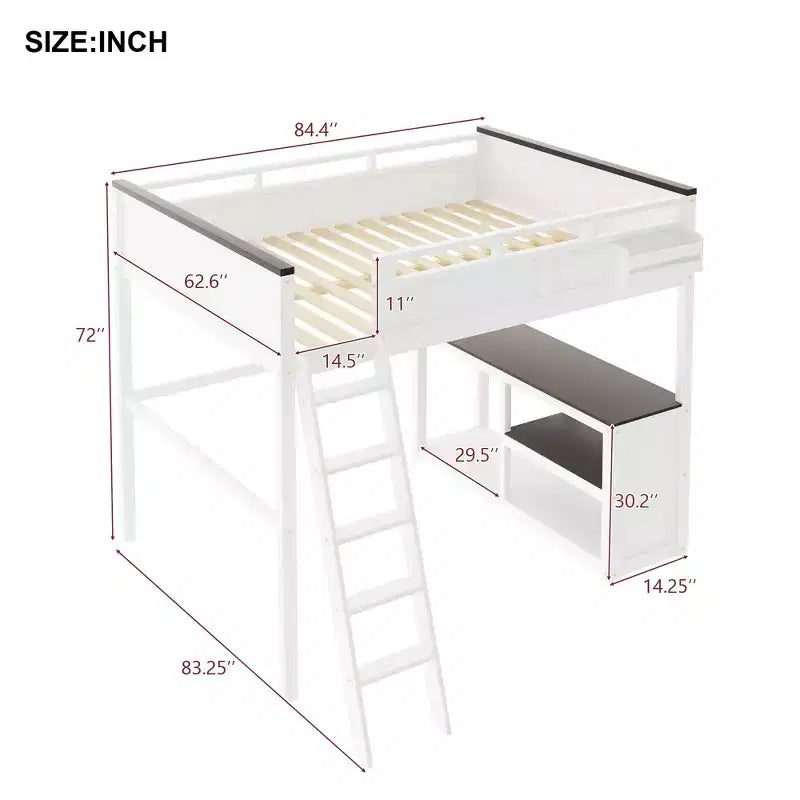 Lit mezzanine Whisen Queen Size avec bureau, étagère ouverte et boîte de rangement, station de charge USB - Blanc