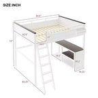 Lit mezzanine Whisen Queen Size avec bureau, étagère ouverte et boîte de rangement, station de charge USB - Blanc