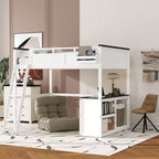 Lit mezzanine Whisen Queen Size avec bureau, étagère ouverte et boîte de rangement, station de charge USB - Blanc