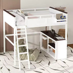Lit mezzanine Whisen Queen Size avec bureau, étagère ouverte et boîte de rangement, station de charge USB - Blanc