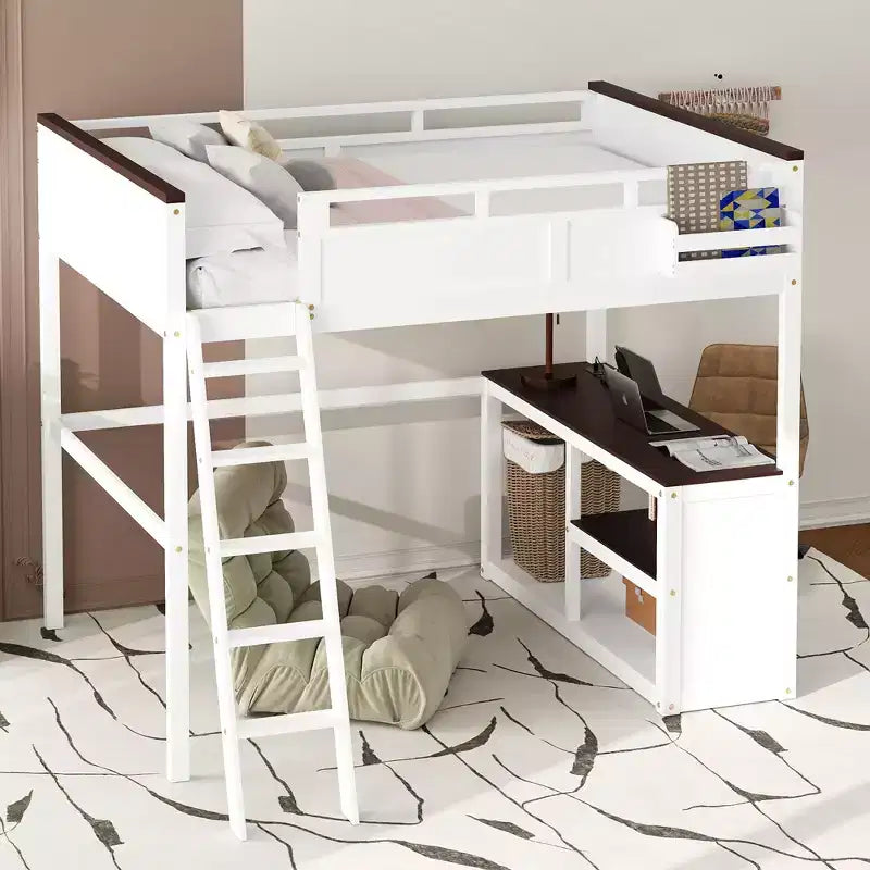 Lit mezzanine Whisen Queen Size avec bureau, étagère ouverte et boîte de rangement, station de charge USB - Blanc