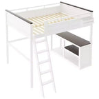 Lit mezzanine Whisen Queen Size avec bureau, étagère ouverte et boîte de rangement, station de charge USB - Blanc