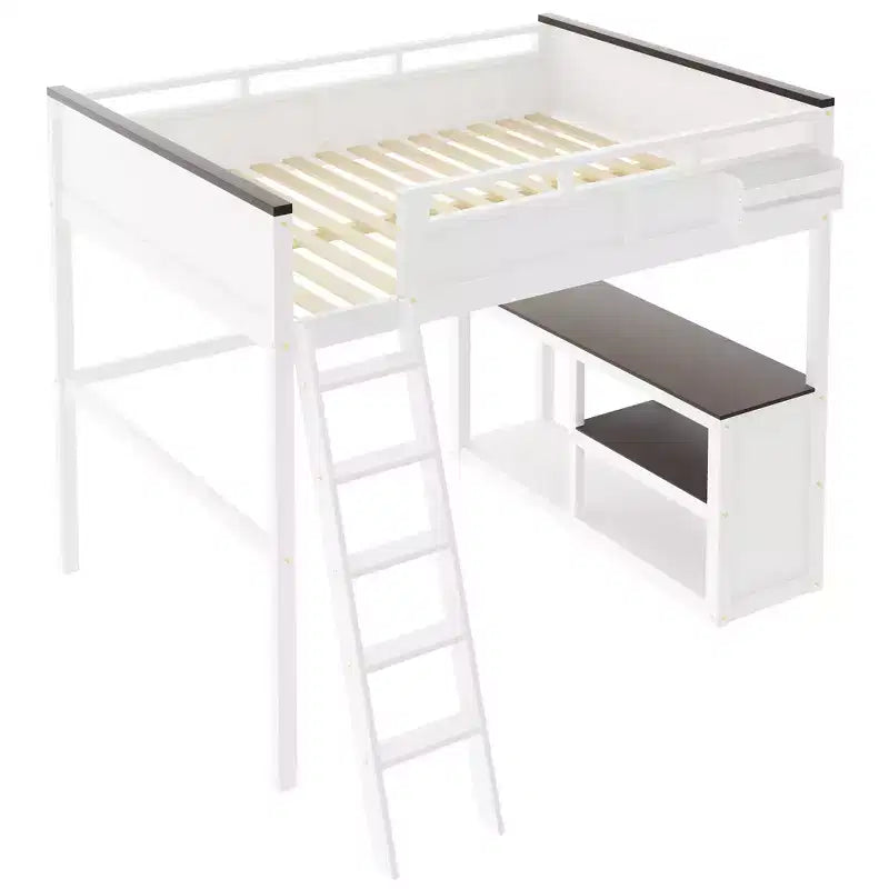 Lit mezzanine Whisen Queen Size avec bureau, étagère ouverte et boîte de rangement, station de charge USB - Blanc