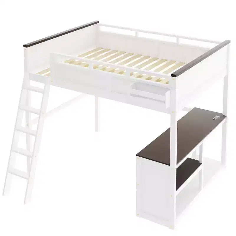 Lit mezzanine Whisen Queen Size avec bureau, étagère ouverte et boîte de rangement, station de charge USB - Blanc