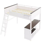 Lit mezzanine Whisen Queen Size avec bureau, étagère ouverte et boîte de rangement, station de charge USB - Blanc