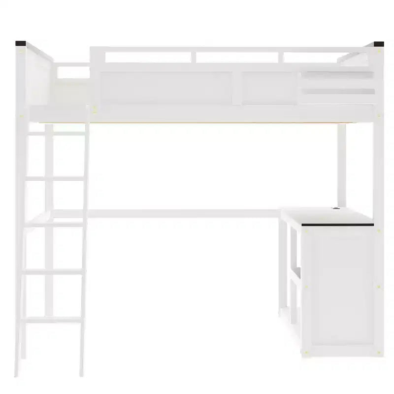 Lit mezzanine Whisen Queen Size avec bureau, étagère ouverte et boîte de rangement, station de charge USB - Blanc