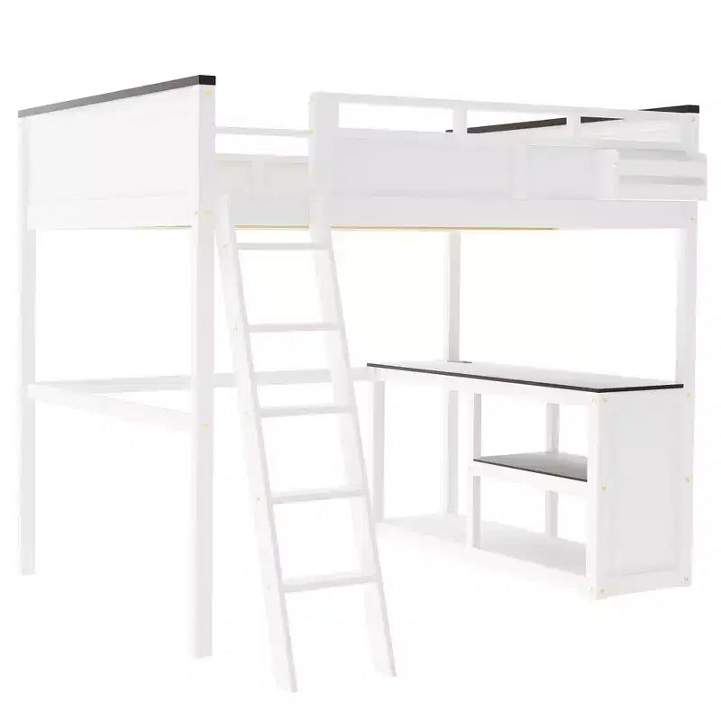 Lit mezzanine Whisen Queen Size avec bureau, étagère ouverte et boîte de rangement, station de charge USB - Blanc