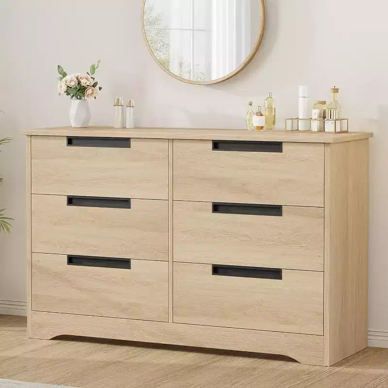 6-Drawer Double Dresser for Bedroom, Modern Gray Chest with Recessed Handles, Wooden Storage Organizer for Living Room, Nursery, Hallway, or Entryway