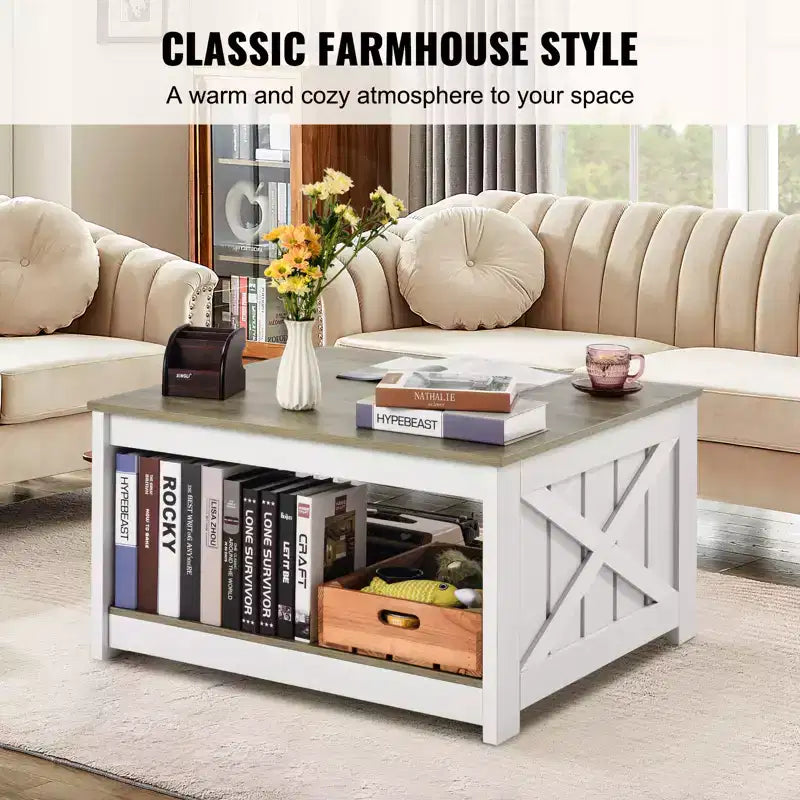 Table basse de ferme VEVOR de 80 cm, table basse carrée avec compartiment de rangement ouvert, table basse rustique en bois pour salon, chambre