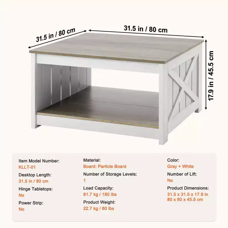 Table basse de ferme VEVOR de 80 cm, table basse carrée avec compartiment de rangement ouvert, table basse rustique en bois pour salon, chambre