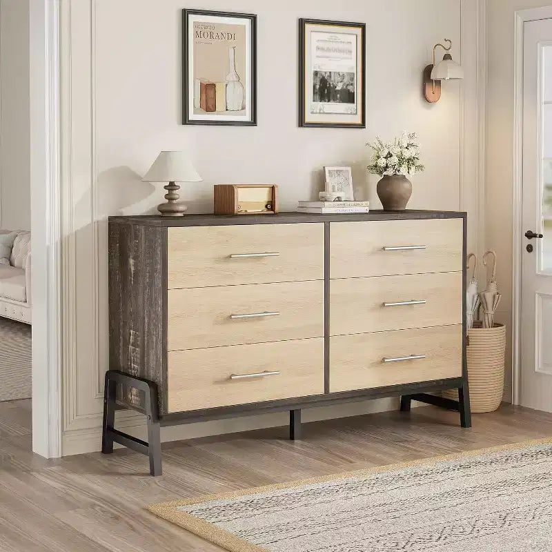 Commode large de 52 po, commode de chambre à 6 tiroirs, coffre de rangement en bois, armoire à 6 tiroirs, pour salon, chambre, entrée